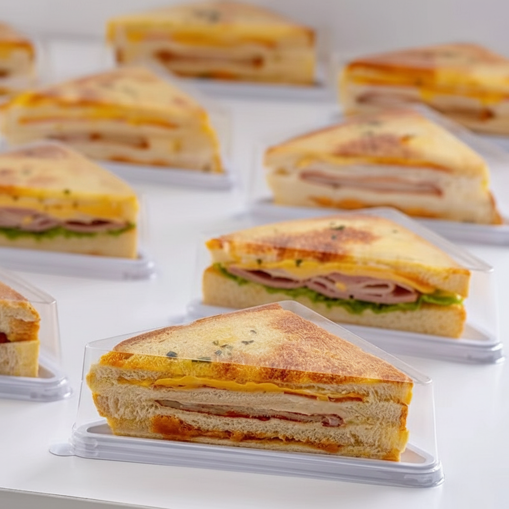 Pre-packaged sandwiches in clear plastic containers on a white surface. Business sells dessert packaging.